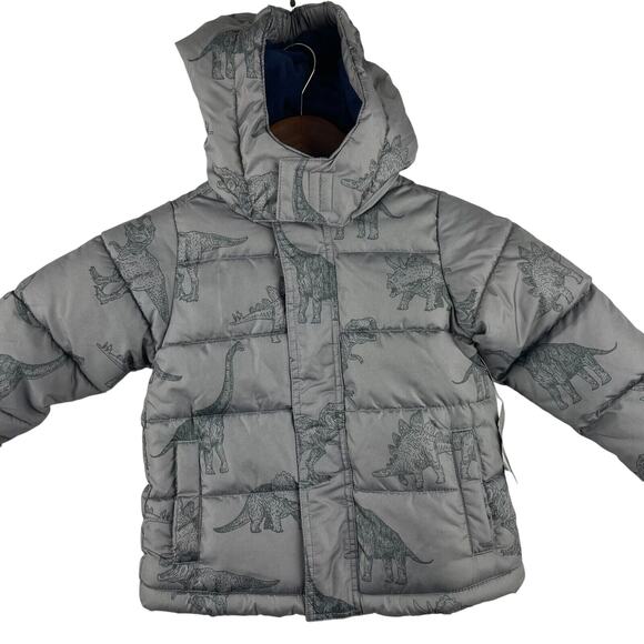 Okie Dokie Dinosaur Gray Puffer Coat With Navy Polar Fleece Interior Sz 2T NWT